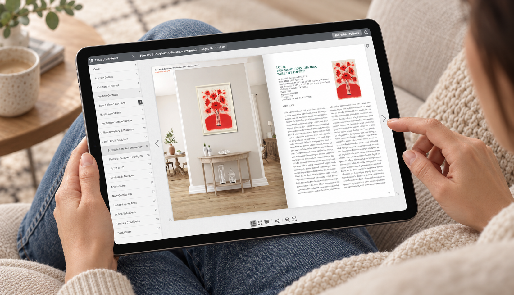 Interactive AfterIssue auction catalogue displayed on an iPad